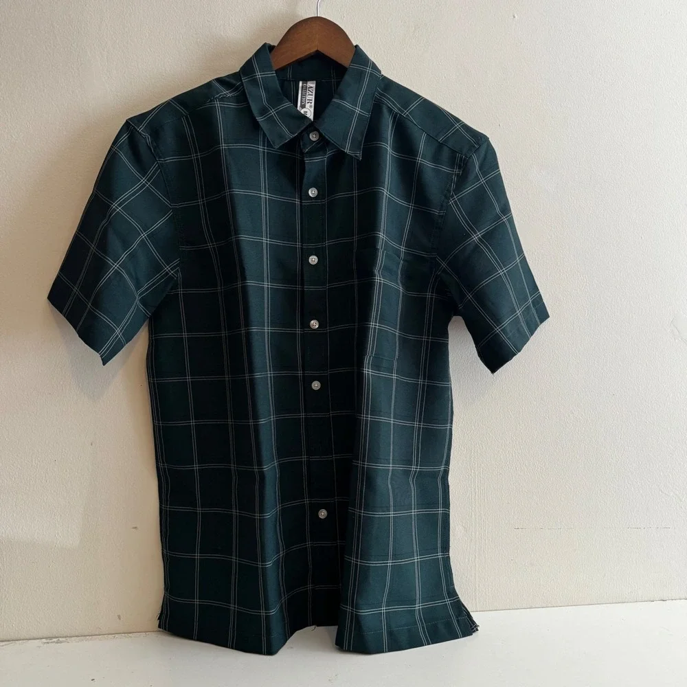 Azur Men's Green Windowpane Plaid Short Sleeve Button Down Shirt Size M
